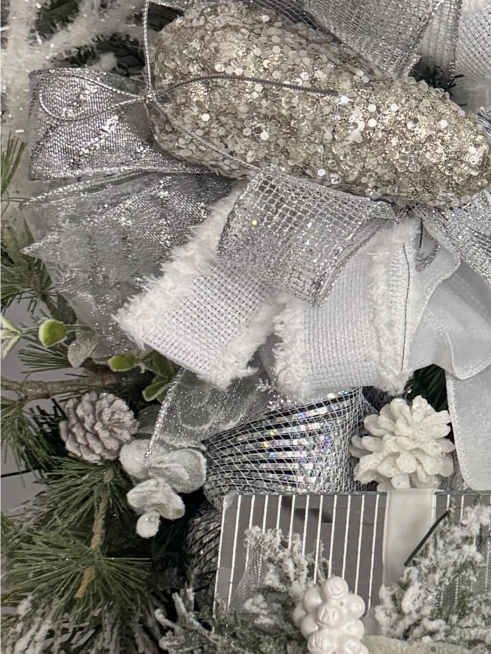 Silver Glitter Pinecone and Snow Owl Holiday Wreath Accent with Lights